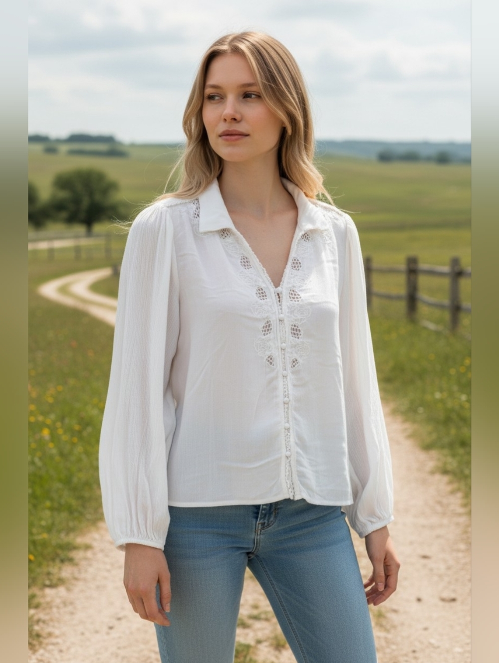 Idyllwind White Lace-Detail Peasant Blouse Size Small